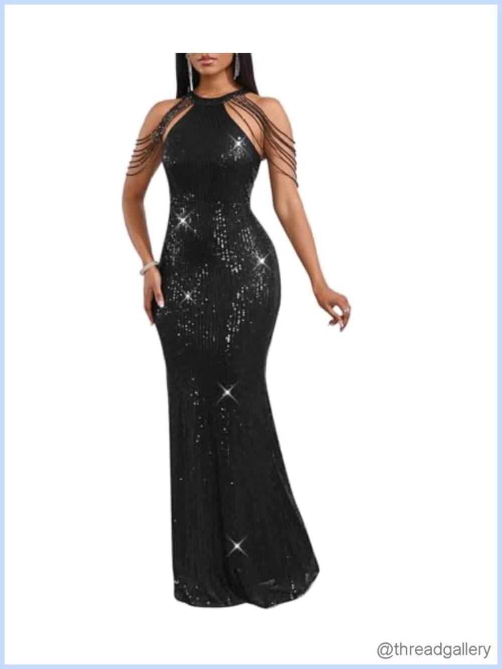 Sequin Halter Tassel Mermaid Formal Evening Gown Maxi Dress